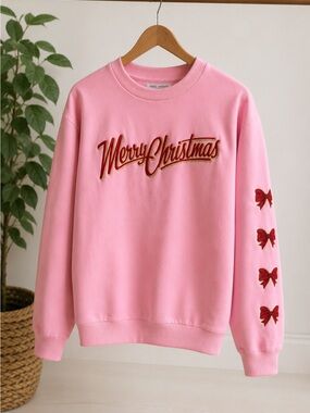 Simply Southern Merry Christmas Pink Appliqué Bow Sleeve Sweatshirt Size M